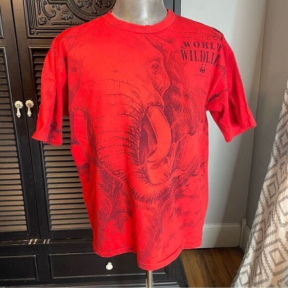 Vintage 90's WWF Wildlife Fund Elephant All Over Print Adult Size L - Picture 1 of 7